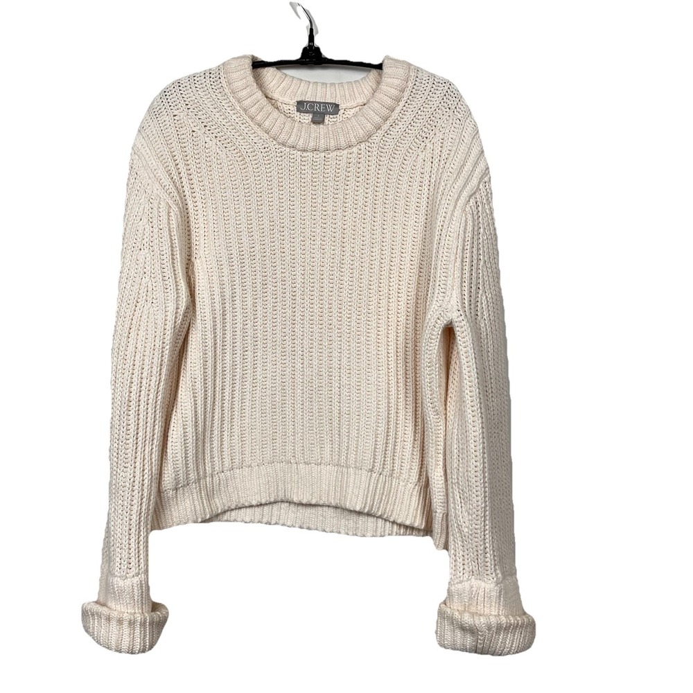J.Crew Heritage Cotton Fisherman Crewneck Sweater Cream Ribbed Knit CG684 Size S